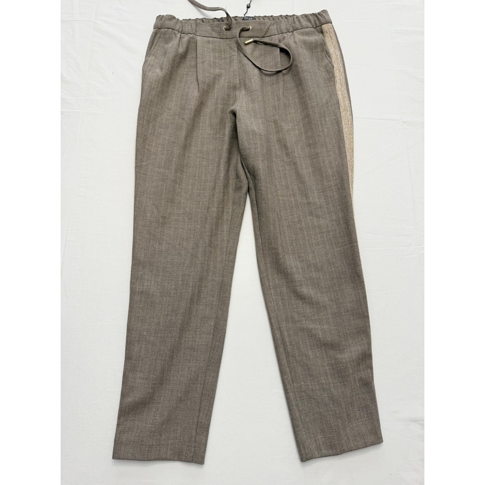 Basler Dress Pants Womens 44 Brown Herringbone Tweed Elastic Waist Drawstring
